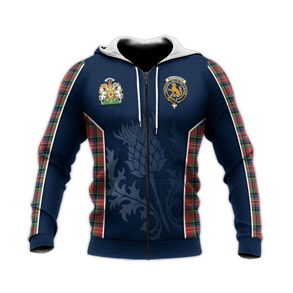 Tartan Vibes Clothing MacPherson Ancient Tartan Knitted Hoodie with Family Crest and Scottish Thistle Vibes Sport Style