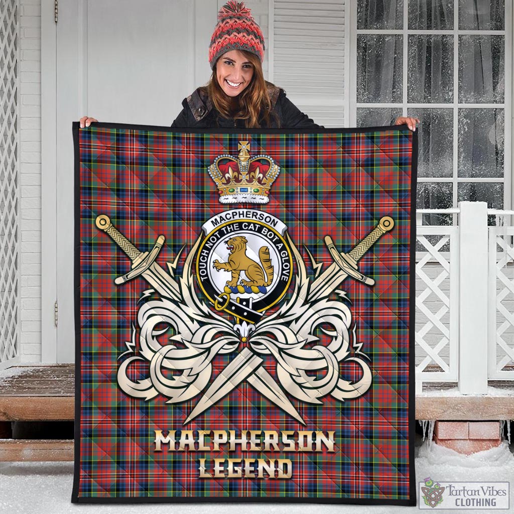 Tartan Vibes Clothing MacPherson Ancient Tartan Quilt with Clan Crest and the Golden Sword of Courageous Legacy