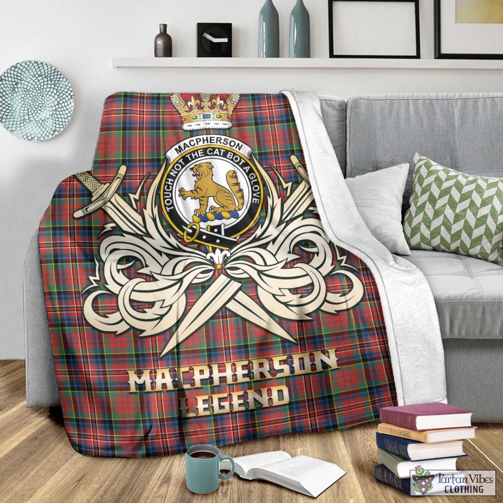 Tartan Vibes Clothing MacPherson Ancient Tartan Blanket with Clan Crest and the Golden Sword of Courageous Legacy