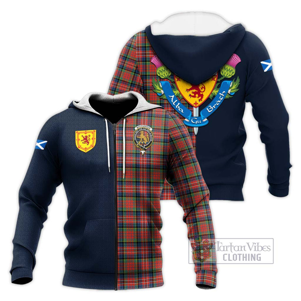 Tartan Vibes Clothing MacPherson Ancient Tartan Knitted Hoodie with Scottish Lion Royal Arm Half Style