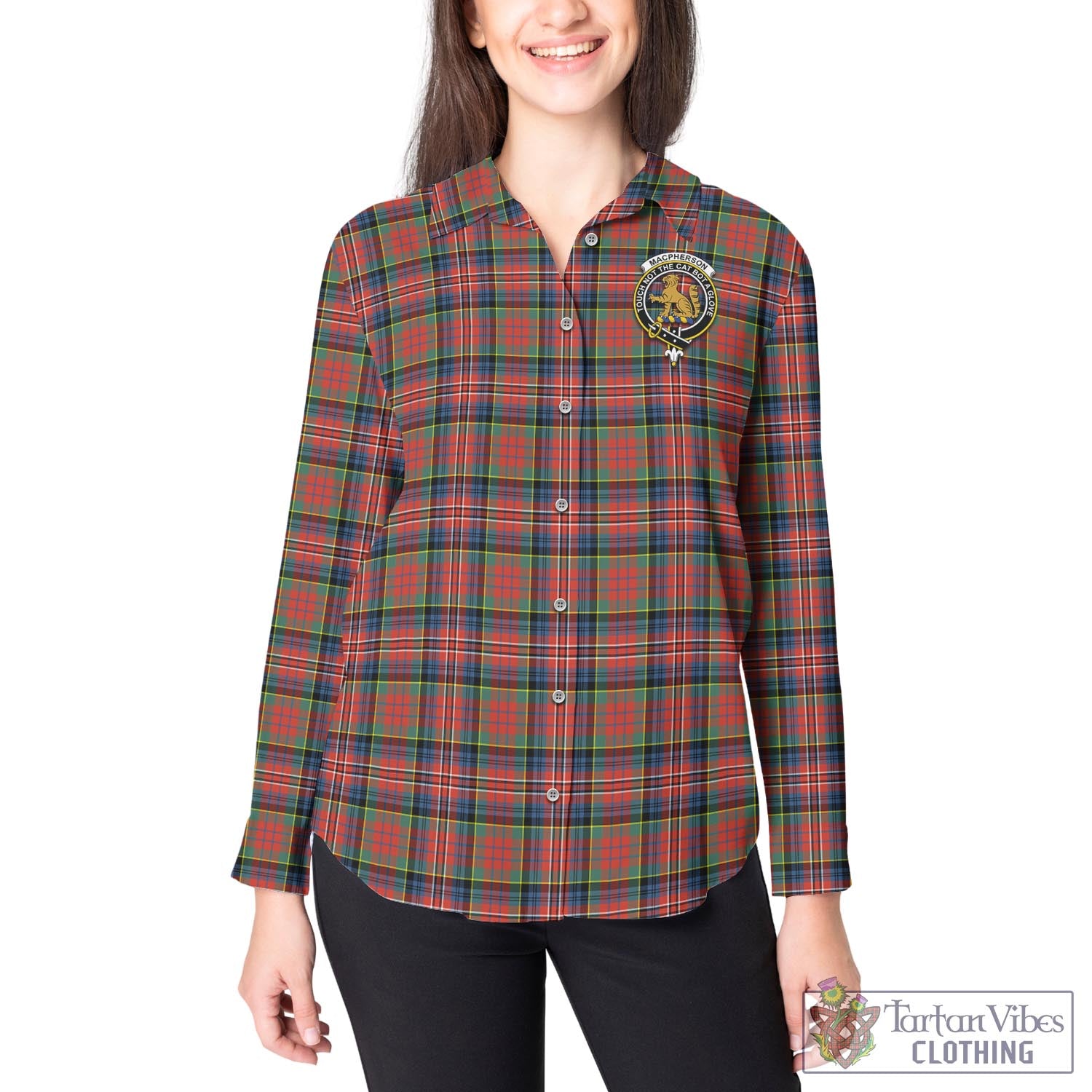 Tartan Vibes Clothing MacPherson Ancient Tartan Womens Casual Shirt with Family Crest