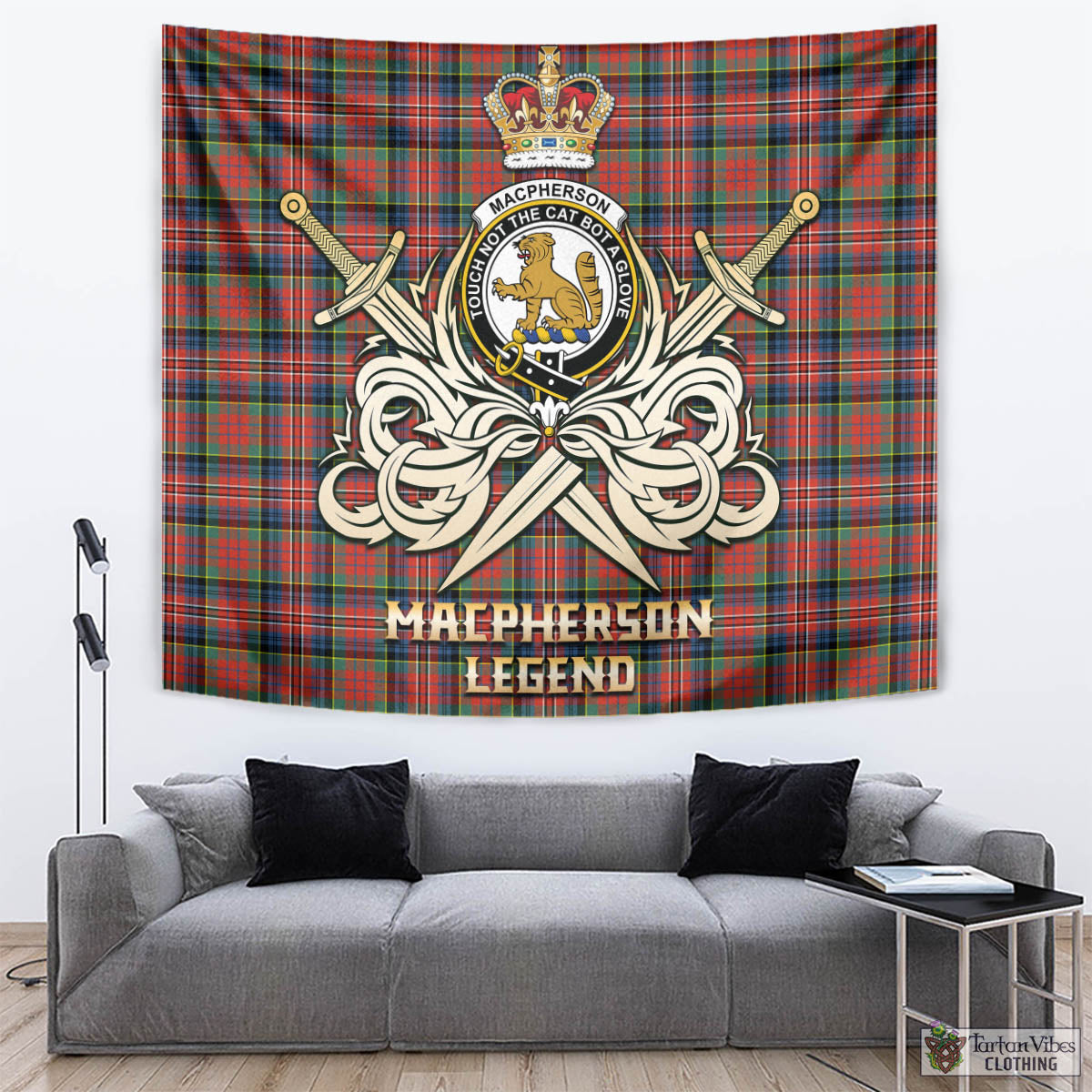 Tartan Vibes Clothing MacPherson Ancient Tartan Tapestry with Clan Crest and the Golden Sword of Courageous Legacy