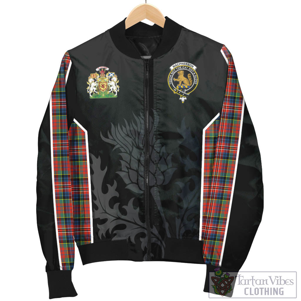 Tartan Vibes Clothing MacPherson Ancient Tartan Bomber Jacket with Family Crest and Scottish Thistle Vibes Sport Style