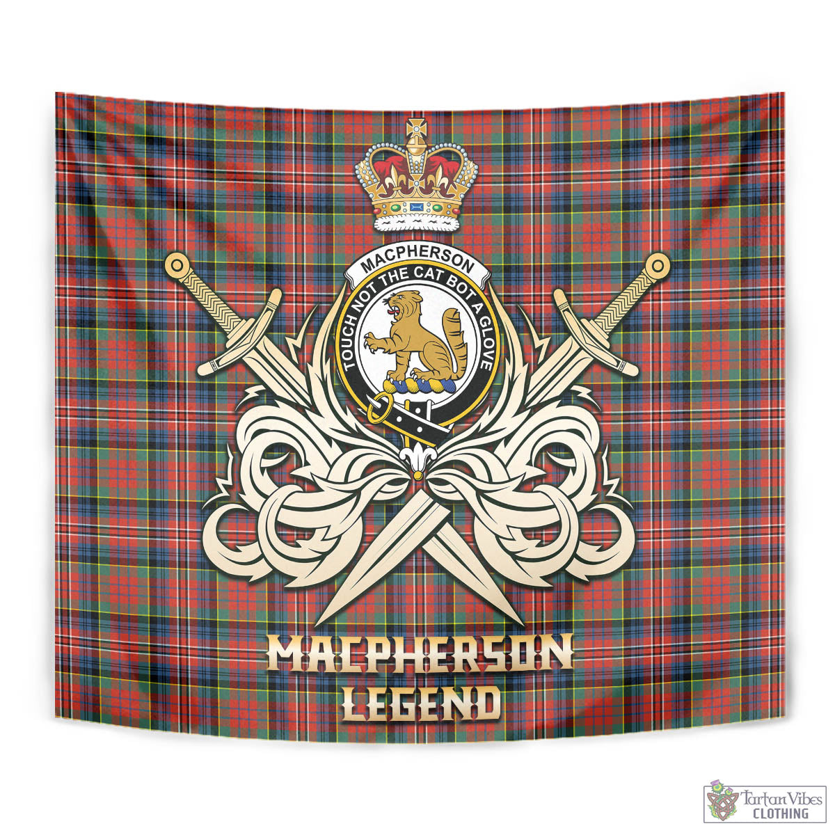 Tartan Vibes Clothing MacPherson Ancient Tartan Tapestry with Clan Crest and the Golden Sword of Courageous Legacy