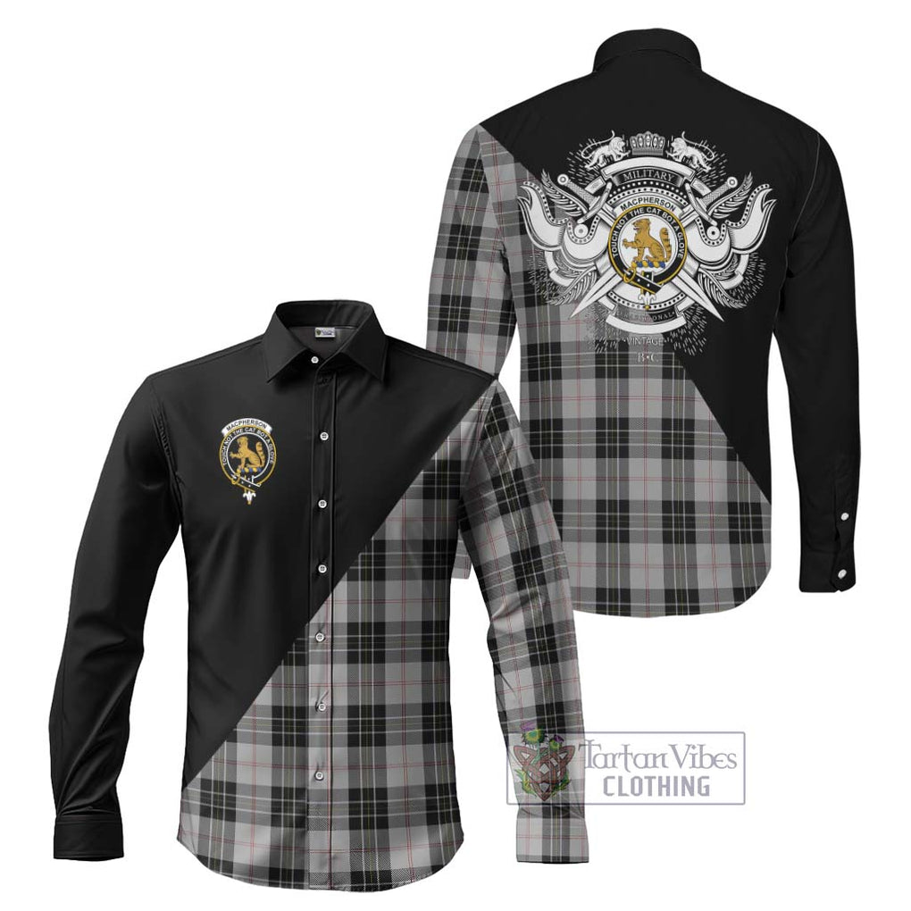 MacPherson Dress Tartan Long Sleeve Button Shirt with Family Crest and Military Logo Style Men's Shirt S - Tartanvibesclothing Shop