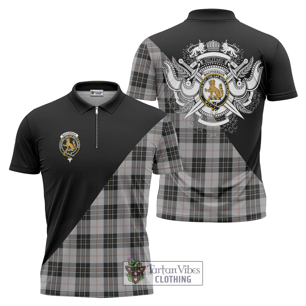 MacPherson Dress Tartan Zipper Polo Shirt with Family Crest and Military Logo Style Unisex - Tartanvibesclothing Shop