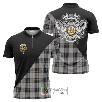 MacPherson Dress Tartan Zipper Polo Shirt with Family Crest and Military Logo Style