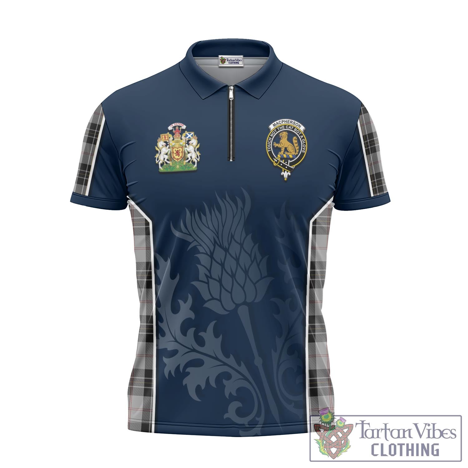 Tartan Vibes Clothing MacPherson Dress Tartan Zipper Polo Shirt with Family Crest and Scottish Thistle Vibes Sport Style