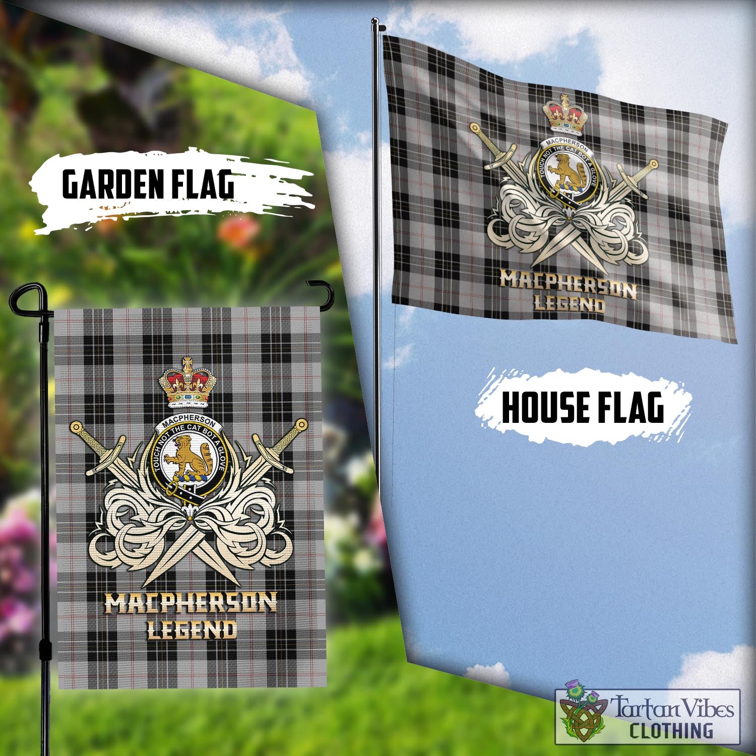 Tartan Vibes Clothing MacPherson Dress Tartan Flag with Clan Crest and the Golden Sword of Courageous Legacy