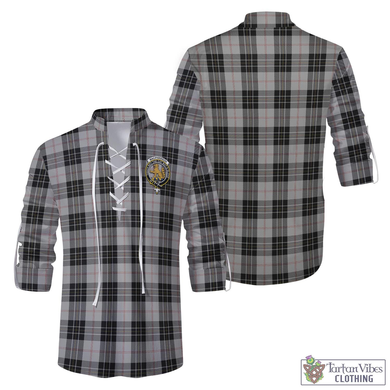 Tartan Vibes Clothing MacPherson Dress Tartan Men's Scottish Traditional Jacobite Ghillie Kilt Shirt with Family Crest