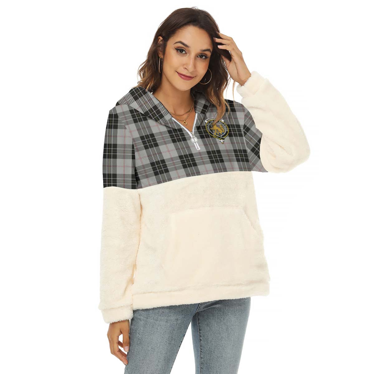 MacPherson Dress Tartan Women's Borg Fleece Hoodie With Half Zip with Family Crest Female - Tartan Vibes Clothing