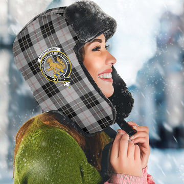 MacPherson Dress Tartan Winter Trapper Hat with Family Crest