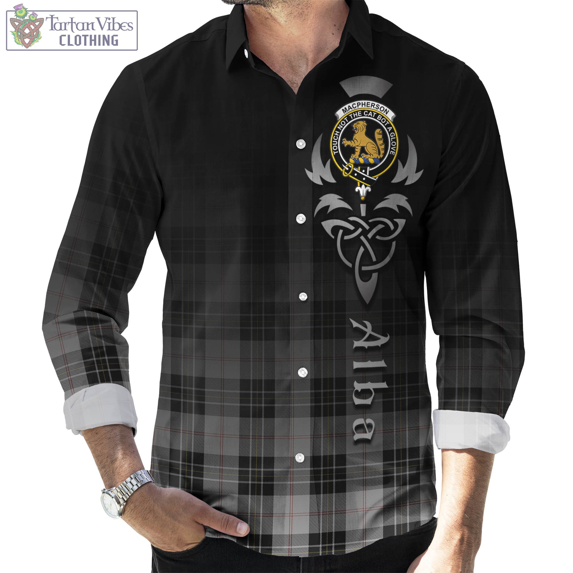 Tartan Vibes Clothing MacPherson Dress Tartan Long Sleeve Button Up Featuring Alba Gu Brath Family Crest Celtic Inspired