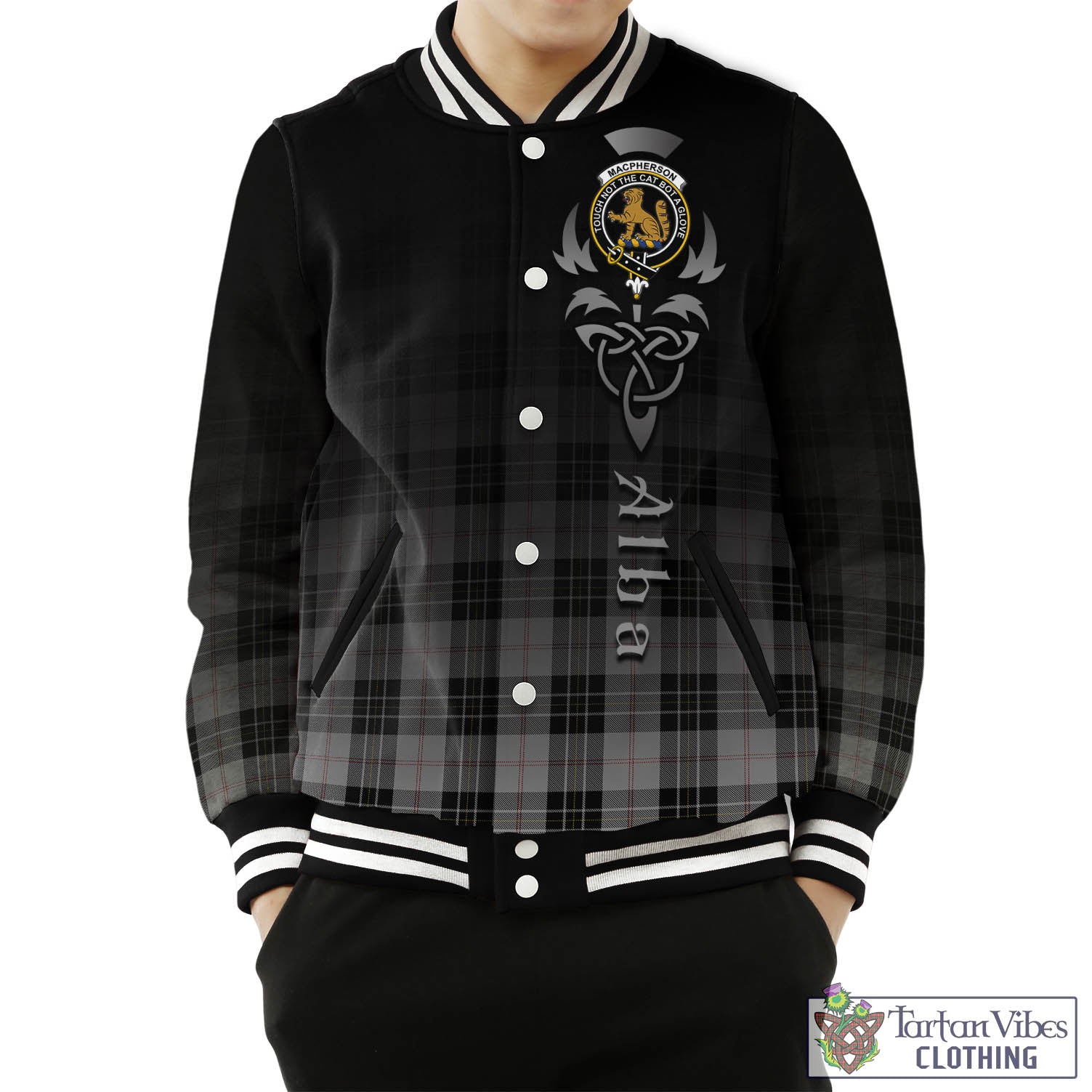 Tartan Vibes Clothing MacPherson Dress Tartan Baseball Jacket Featuring Alba Gu Brath Family Crest Celtic Inspired