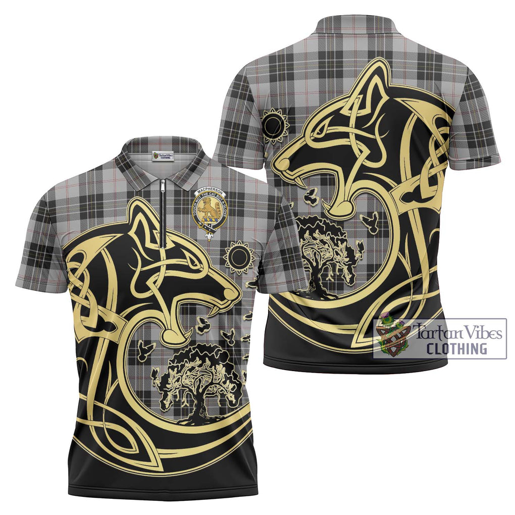 MacPherson Dress Tartan Zipper Polo Shirt with Family Crest Celtic Wolf Style Unisex - Tartanvibesclothing Shop