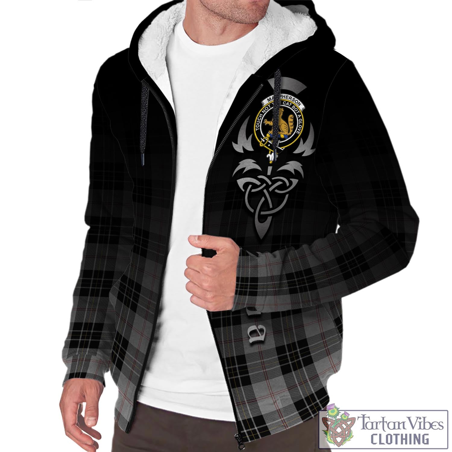 Tartan Vibes Clothing MacPherson Dress Tartan Sherpa Hoodie Featuring Alba Gu Brath Family Crest Celtic Inspired