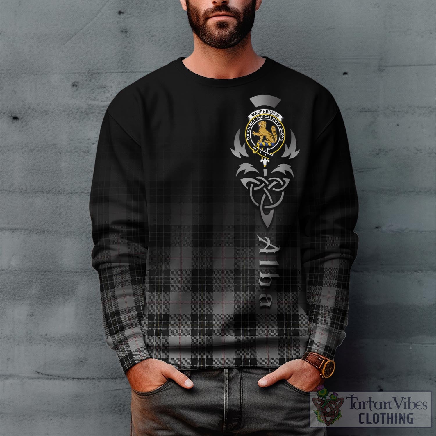 Tartan Vibes Clothing MacPherson Dress Tartan Sweatshirt Featuring Alba Gu Brath Family Crest Celtic Inspired