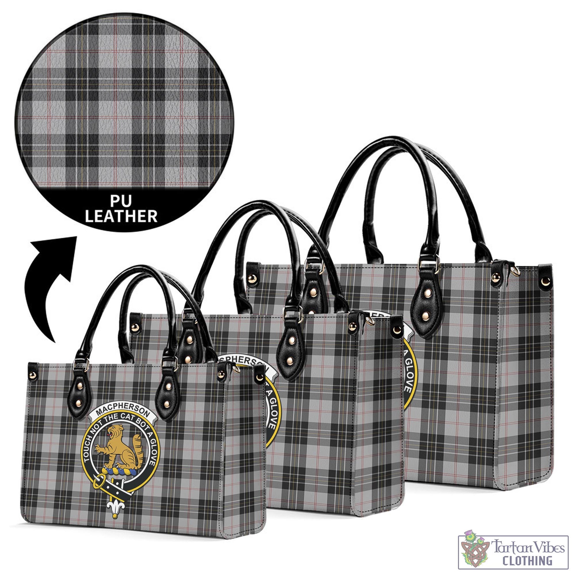 Tartan Vibes Clothing MacPherson Dress Tartan Luxury Leather Handbags with Family Crest