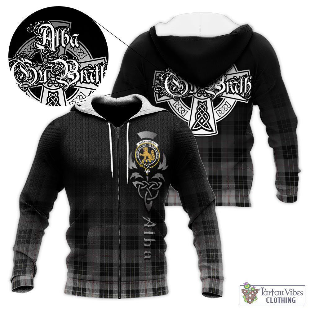 Tartan Vibes Clothing MacPherson Dress Tartan Knitted Hoodie Featuring Alba Gu Brath Family Crest Celtic Inspired