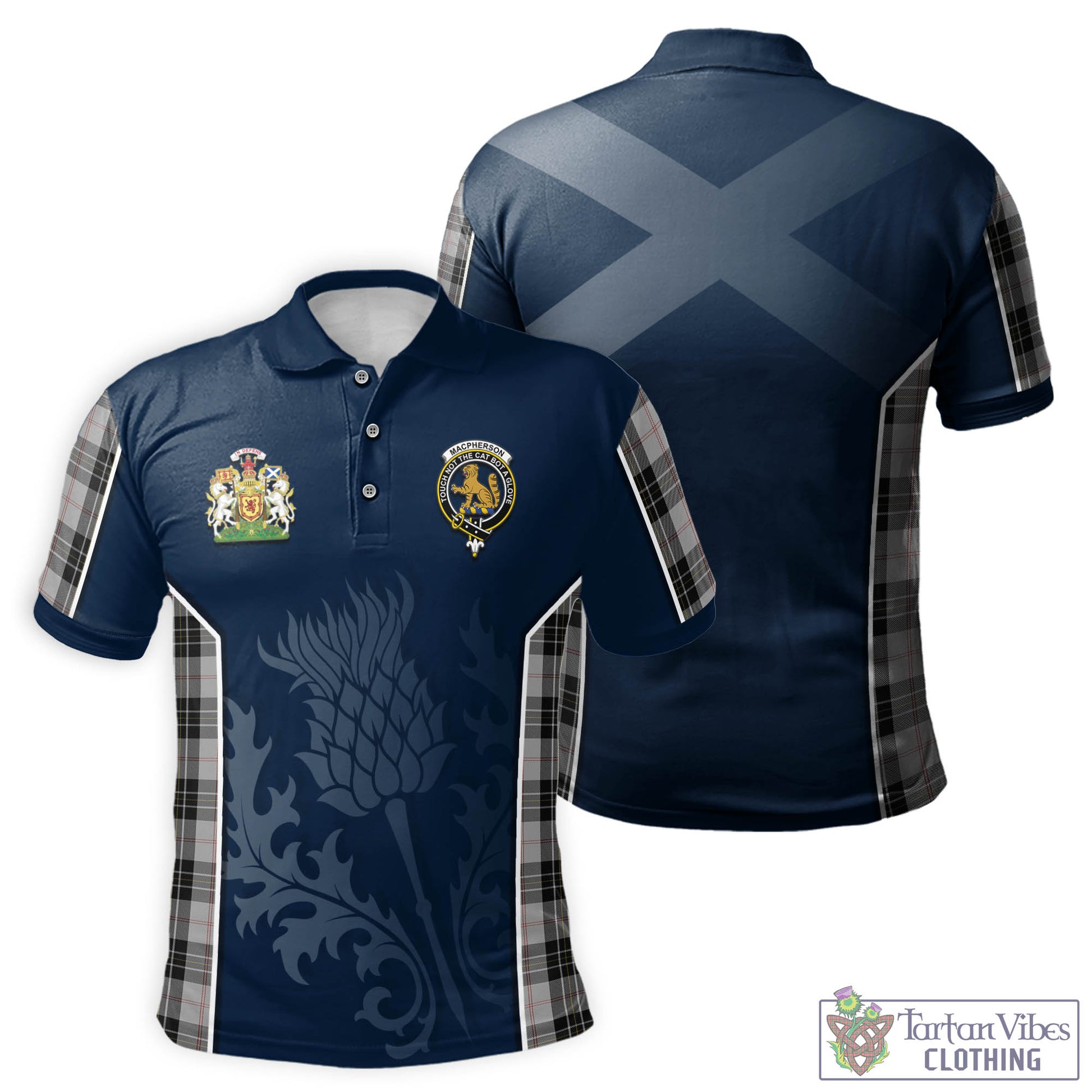 Tartan Vibes Clothing MacPherson Dress Tartan Men's Polo Shirt with Family Crest and Scottish Thistle Vibes Sport Style