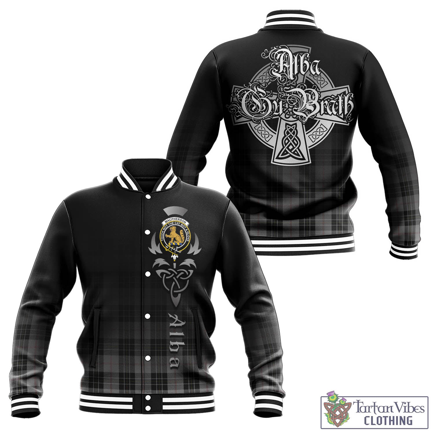 Tartan Vibes Clothing MacPherson Dress Tartan Baseball Jacket Featuring Alba Gu Brath Family Crest Celtic Inspired