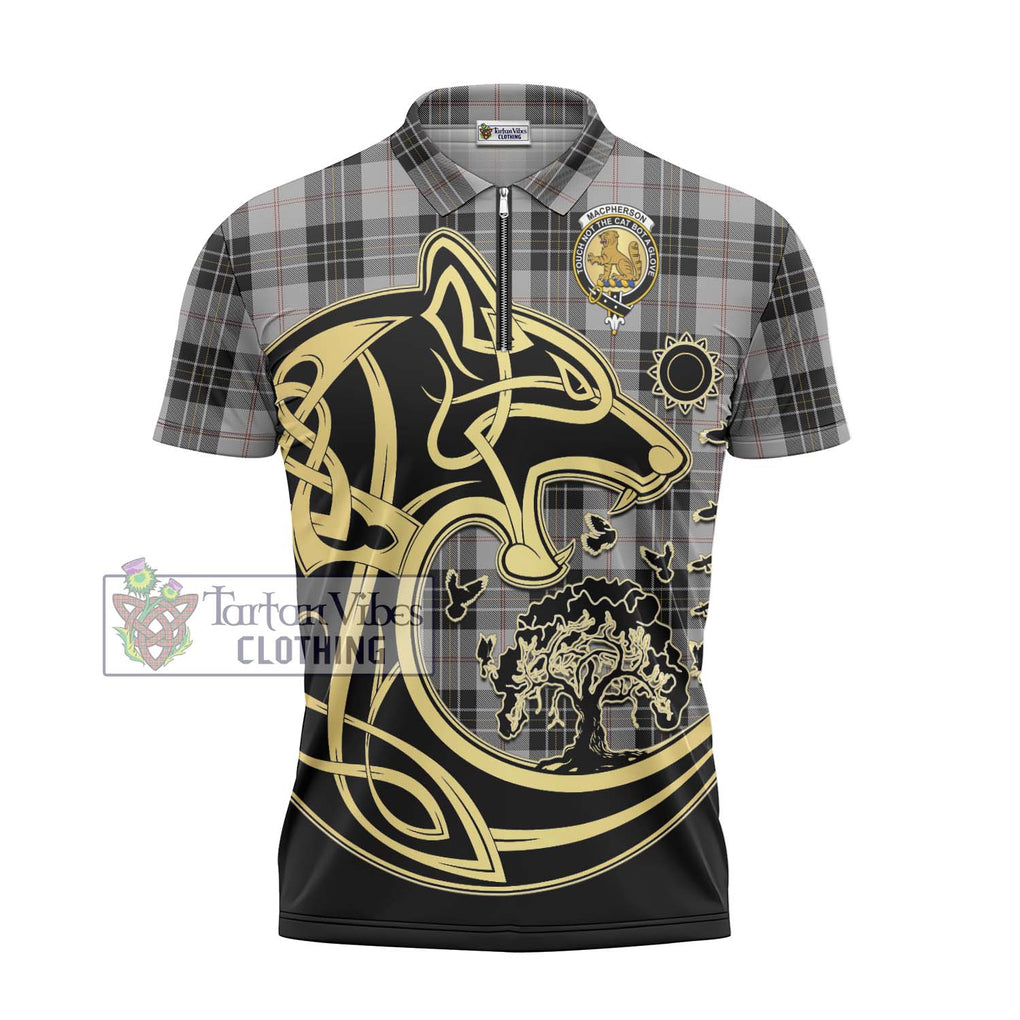 MacPherson Dress Tartan Zipper Polo Shirt with Family Crest Celtic Wolf Style - Tartanvibesclothing Shop