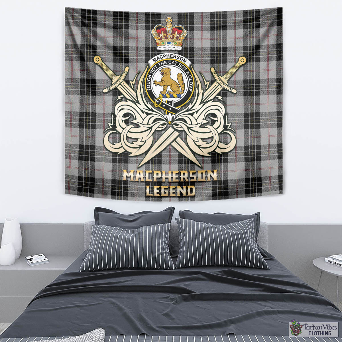 Tartan Vibes Clothing MacPherson Dress Tartan Tapestry with Clan Crest and the Golden Sword of Courageous Legacy