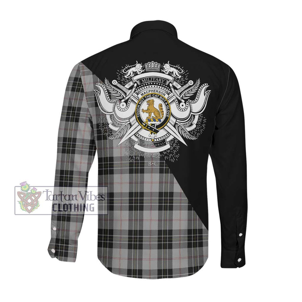 MacPherson Dress Tartan Long Sleeve Button Shirt with Family Crest and Military Logo Style Men's Shirt - Tartanvibesclothing Shop