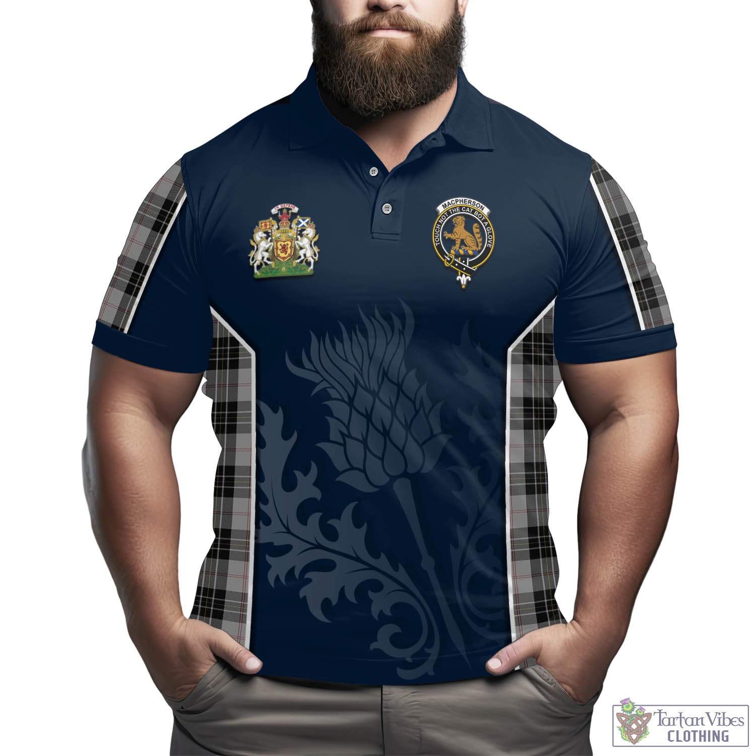 Tartan Vibes Clothing MacPherson Dress Tartan Men's Polo Shirt with Family Crest and Scottish Thistle Vibes Sport Style