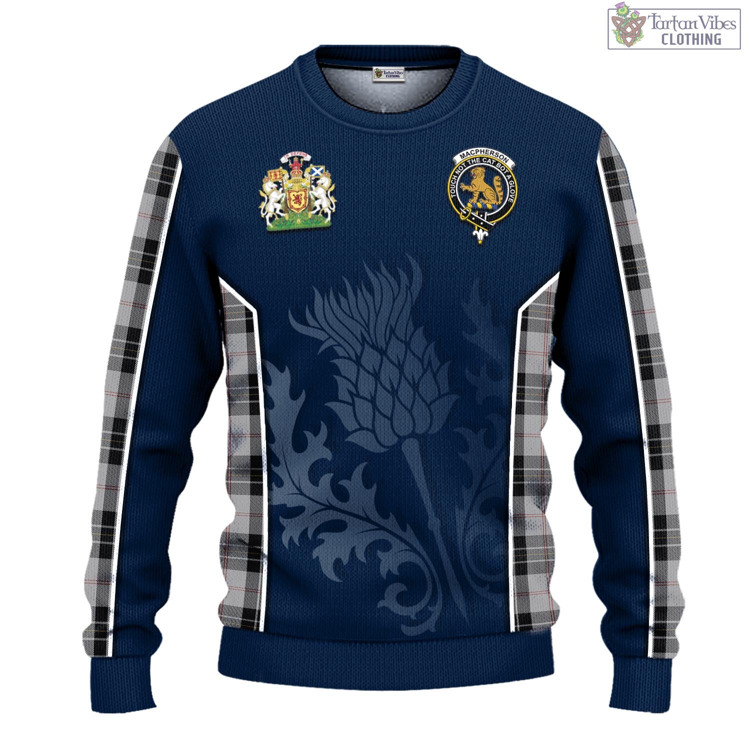 Tartan Vibes Clothing MacPherson Dress Tartan Knitted Sweatshirt with Family Crest and Scottish Thistle Vibes Sport Style