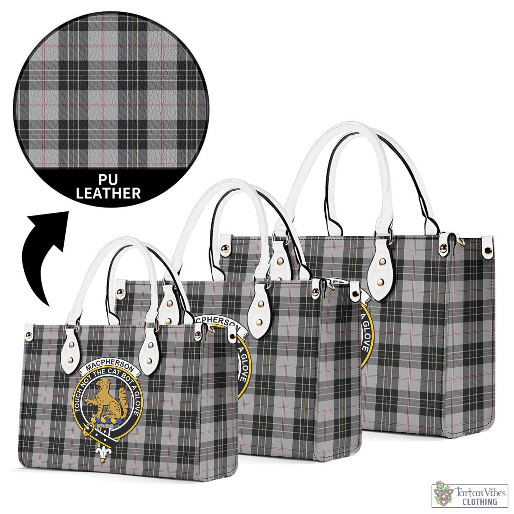 Tartan Vibes Clothing MacPherson Dress Tartan Luxury Leather Handbags with Family Crest