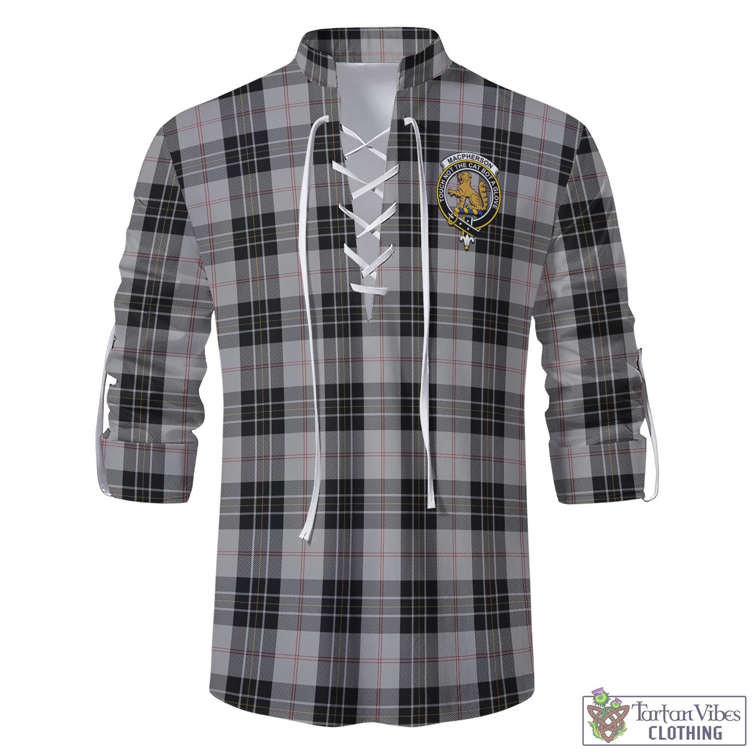 Tartan Vibes Clothing MacPherson Dress Tartan Men's Scottish Traditional Jacobite Ghillie Kilt Shirt with Family Crest