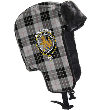 MacPherson Dress Tartan Winter Trapper Hat with Family Crest