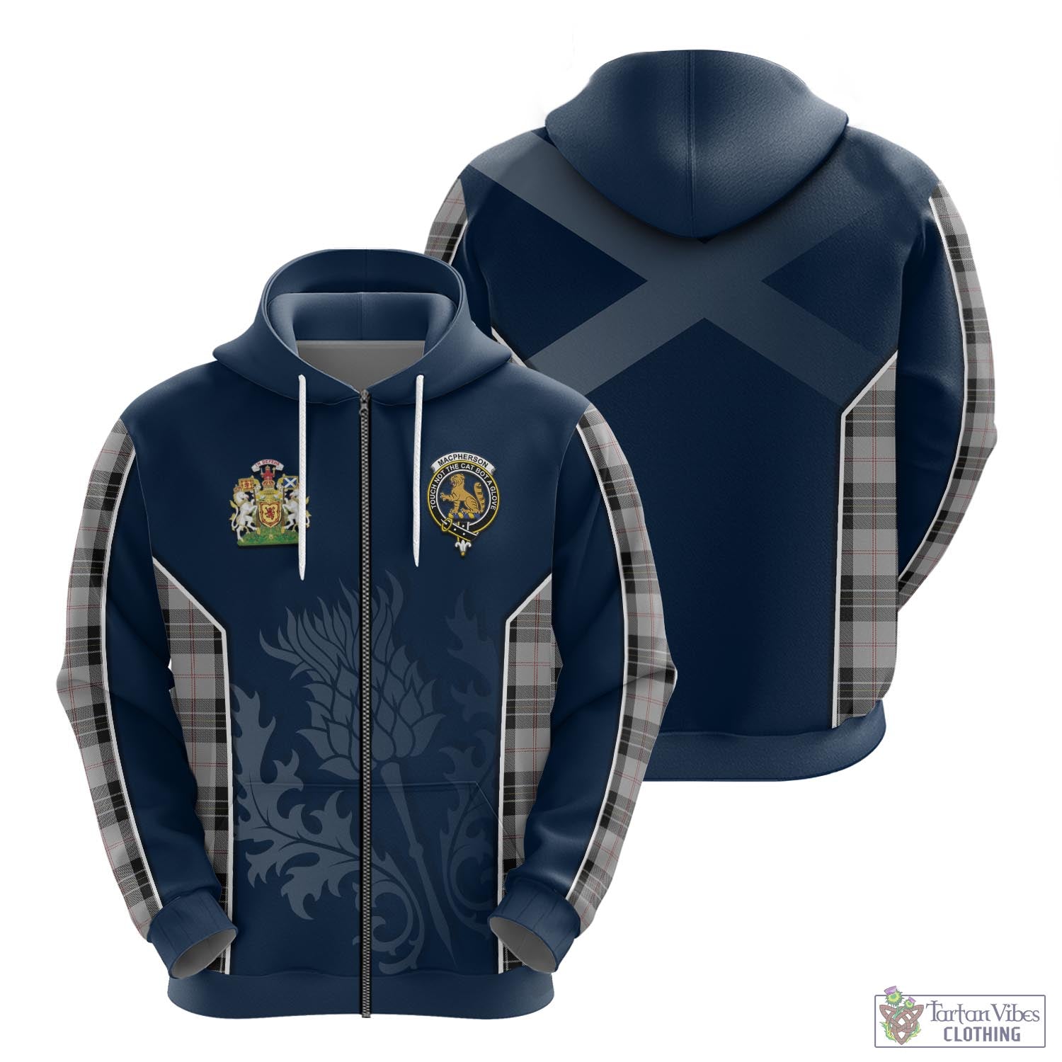 Tartan Vibes Clothing MacPherson Dress Tartan Hoodie with Family Crest and Scottish Thistle Vibes Sport Style