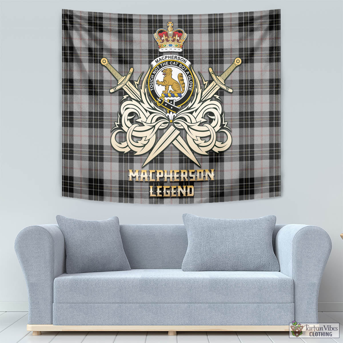 Tartan Vibes Clothing MacPherson Dress Tartan Tapestry with Clan Crest and the Golden Sword of Courageous Legacy