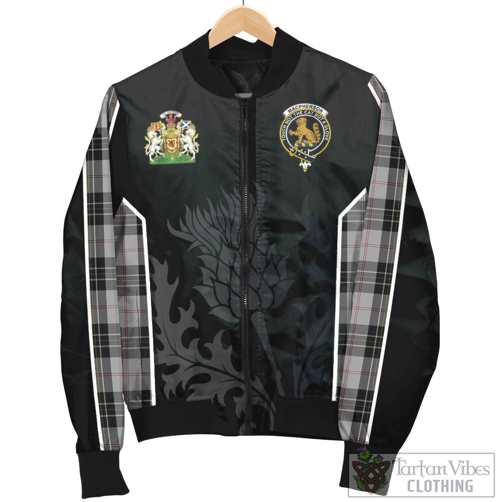 Tartan Vibes Clothing MacPherson Dress Tartan Bomber Jacket with Family Crest and Scottish Thistle Vibes Sport Style