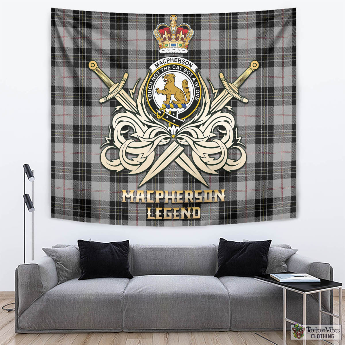 Tartan Vibes Clothing MacPherson Dress Tartan Tapestry with Clan Crest and the Golden Sword of Courageous Legacy