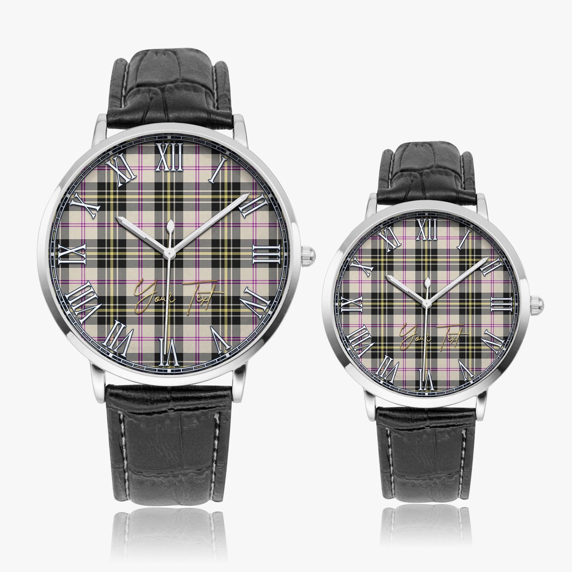 MacPherson Dress Ancient Tartan Personalized Your Text Leather Trap Quartz Watch Ultra Thin Silver Case With Black Leather Strap - Tartanvibesclothing