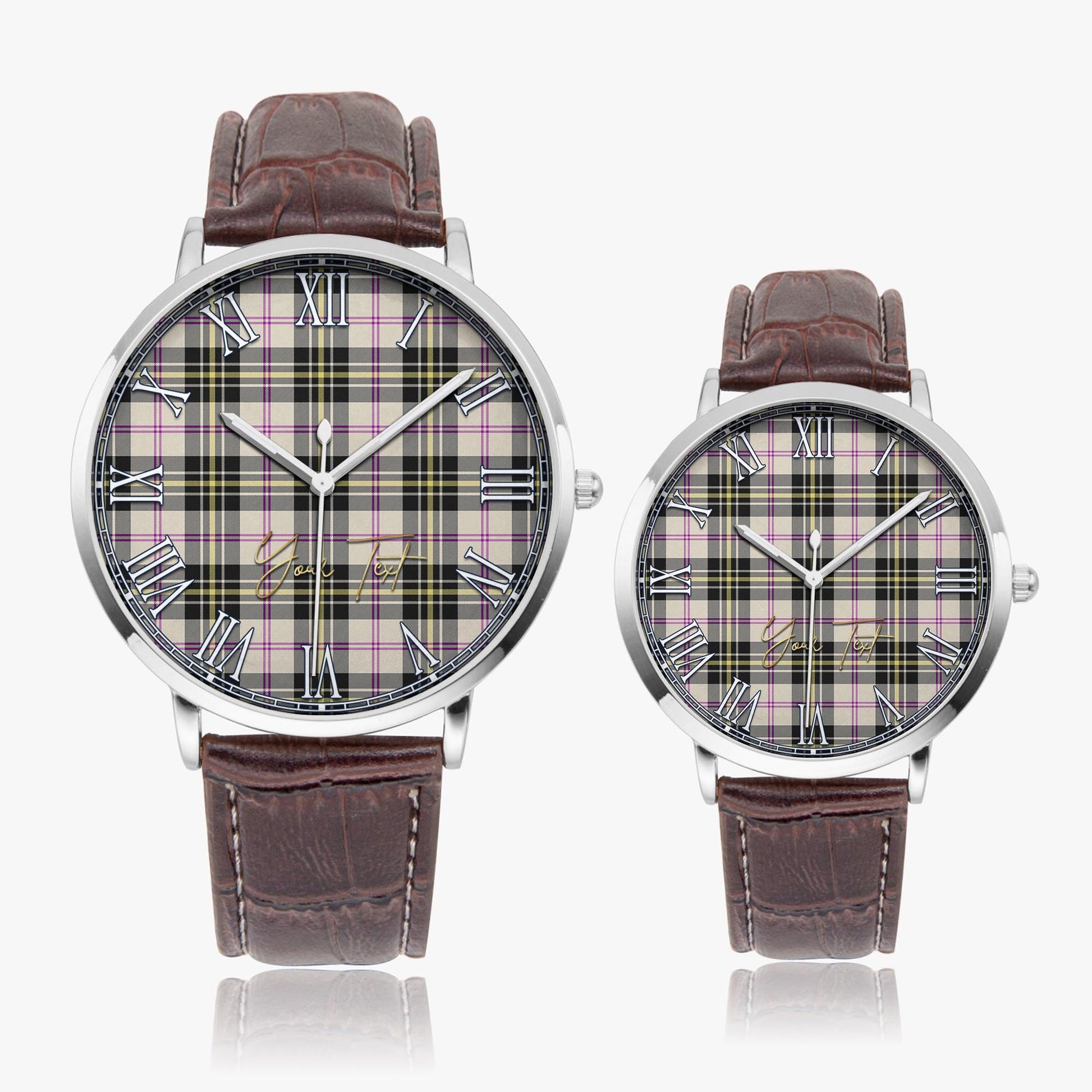 MacPherson Dress Ancient Tartan Personalized Your Text Leather Trap Quartz Watch Ultra Thin Silver Case With Brown Leather Strap - Tartanvibesclothing