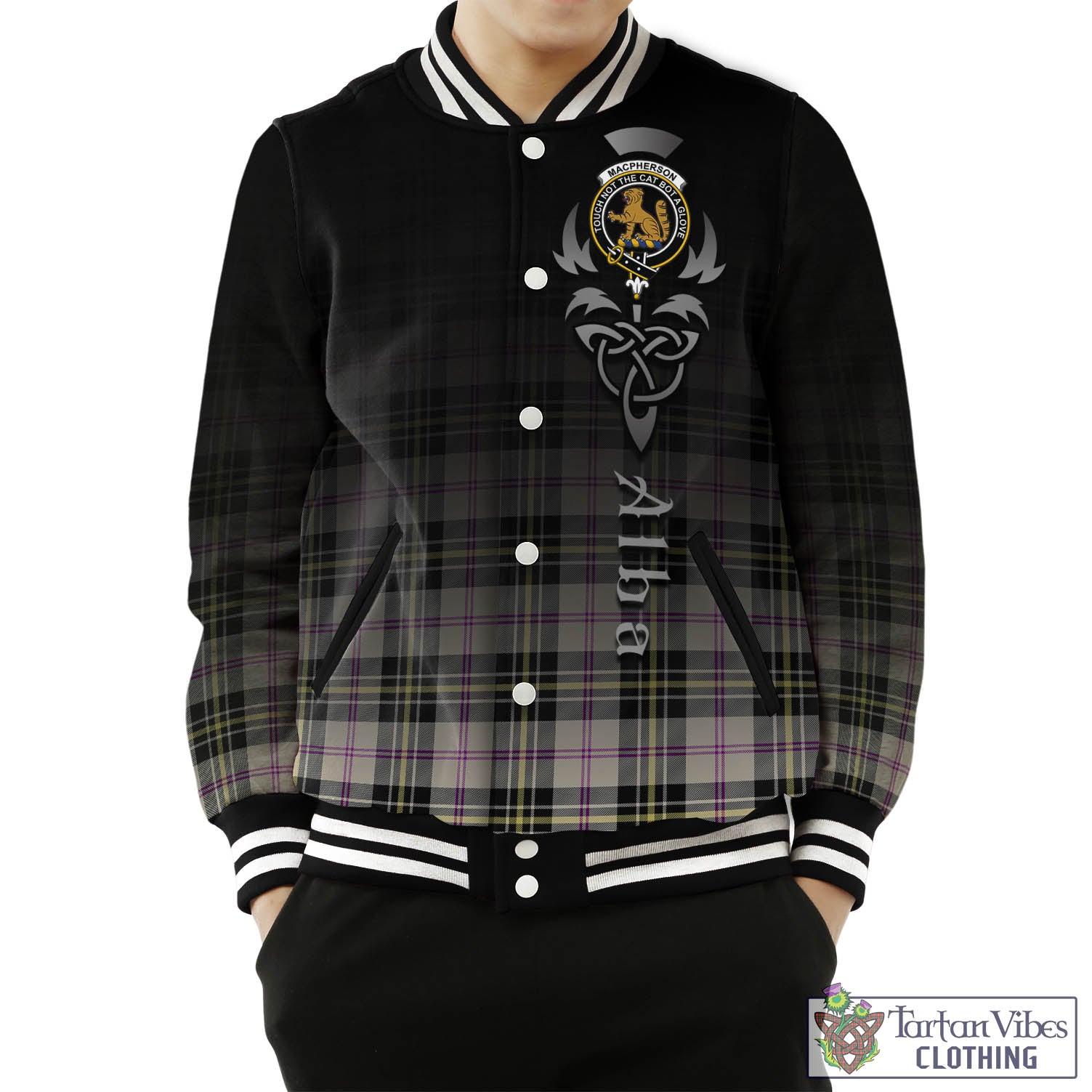 Tartan Vibes Clothing MacPherson Dress Ancient Tartan Baseball Jacket Featuring Alba Gu Brath Family Crest Celtic Inspired