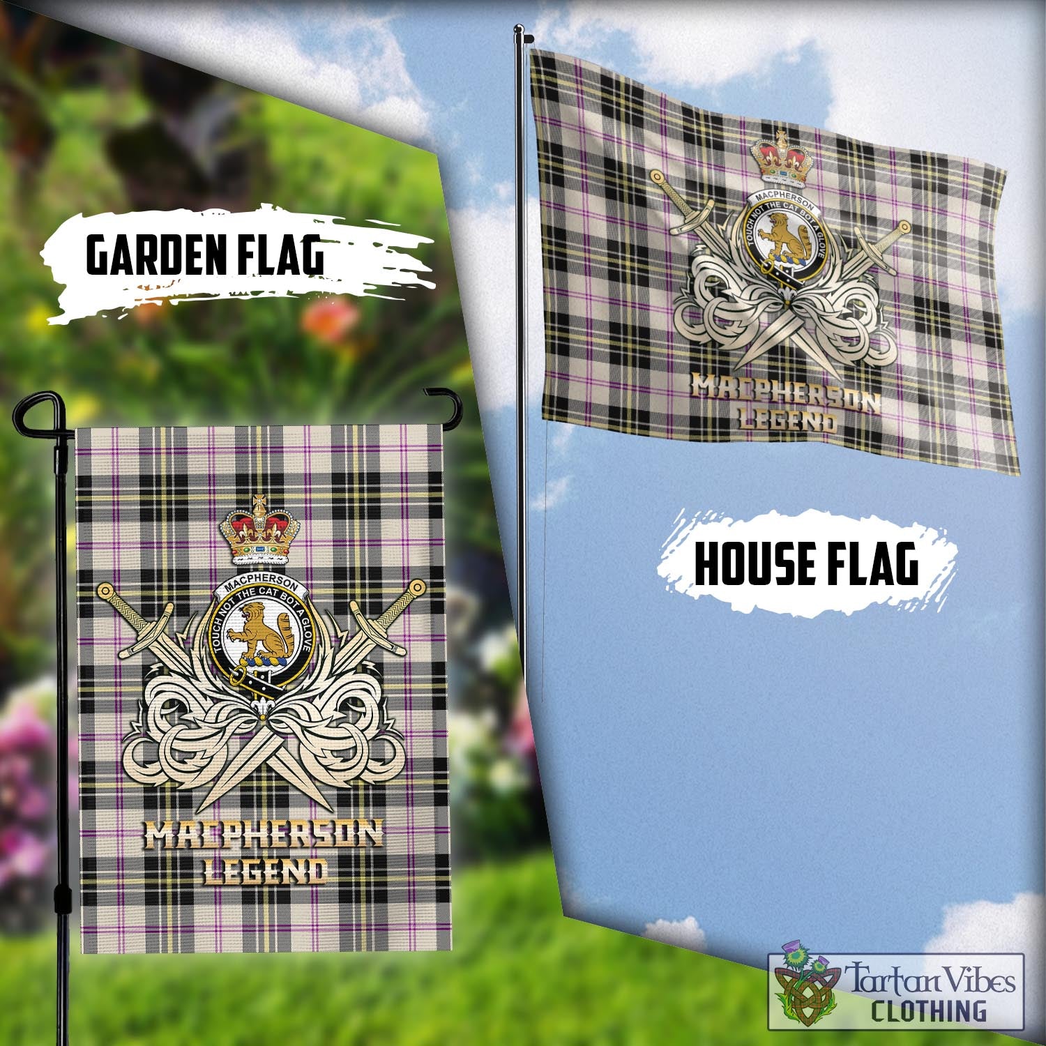 Tartan Vibes Clothing MacPherson Dress Ancient Tartan Flag with Clan Crest and the Golden Sword of Courageous Legacy