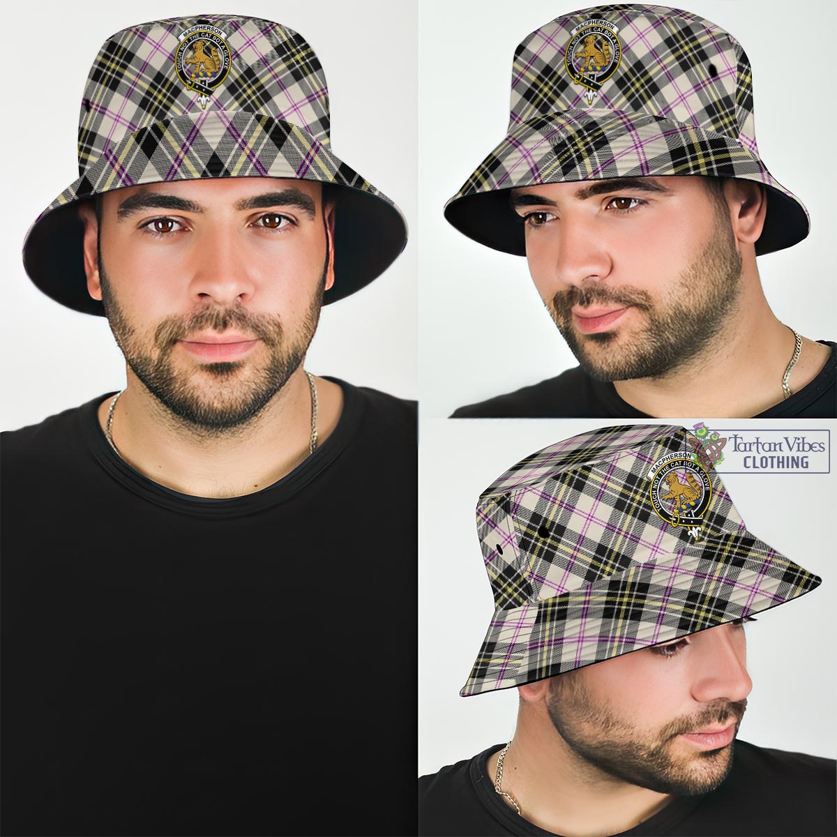 Tartan Vibes Clothing MacPherson Dress Ancient Tartan Bucket Hat with Family Crest