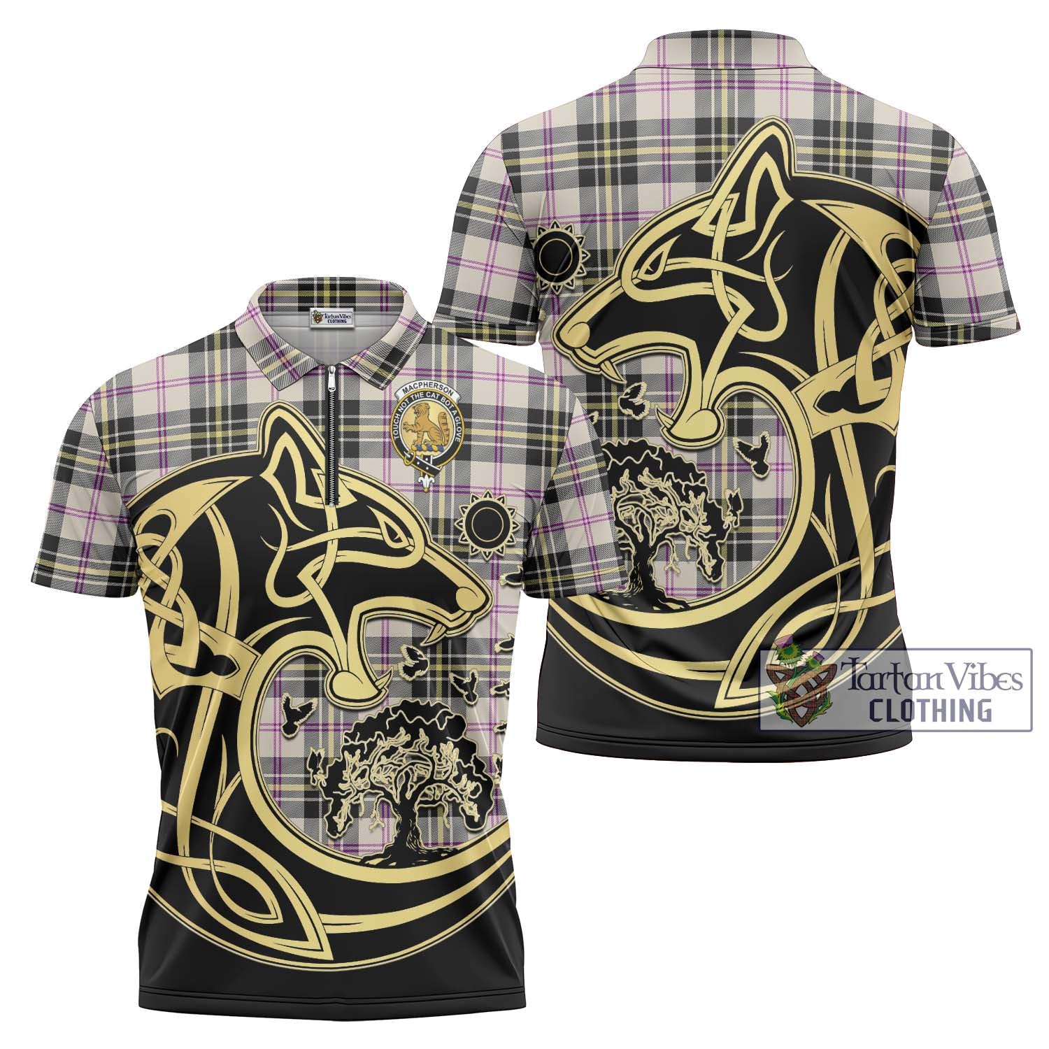 Tartan Vibes Clothing MacPherson Dress Ancient Tartan Zipper Polo Shirt with Family Crest Celtic Wolf Style