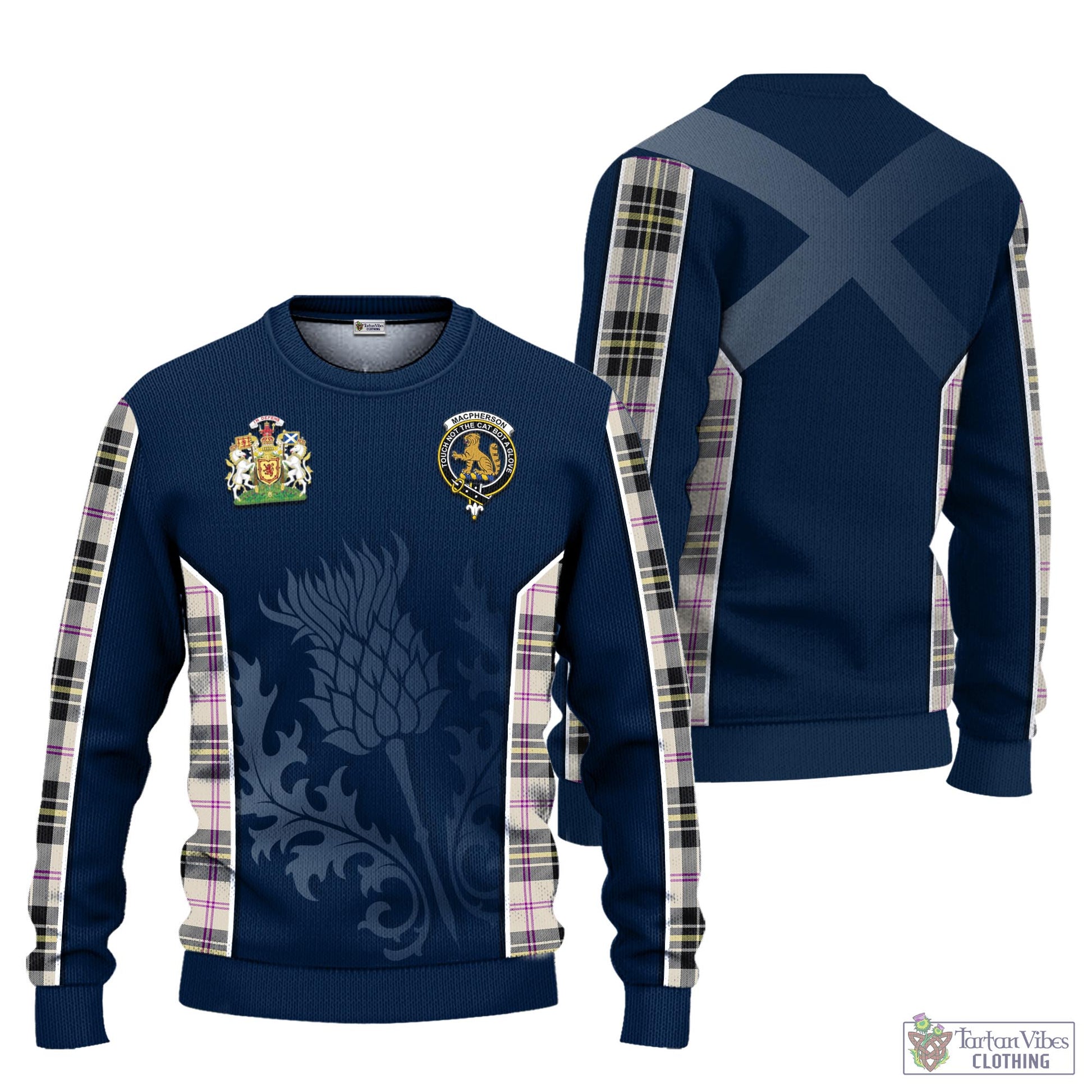 Tartan Vibes Clothing MacPherson Dress Ancient Tartan Knitted Sweatshirt with Family Crest and Scottish Thistle Vibes Sport Style