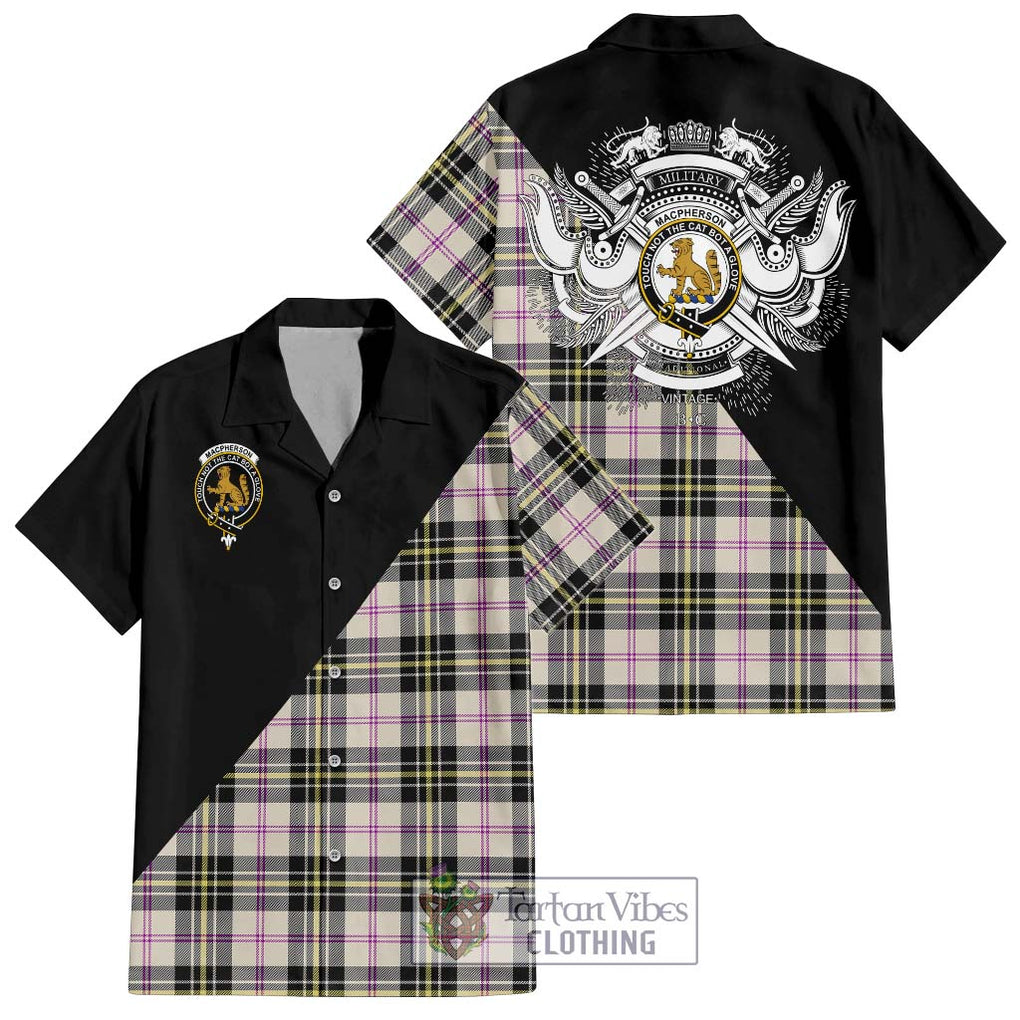 MacPherson Dress Ancient Tartan Short Sleeve Button Shirt with Family Crest and Military Logo Style Kid - Tartanvibesclothing Shop