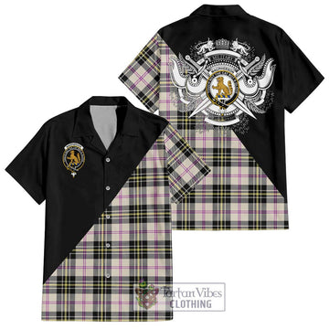 MacPherson Dress Ancient Tartan Short Sleeve Button Shirt with Family Crest and Military Logo Style