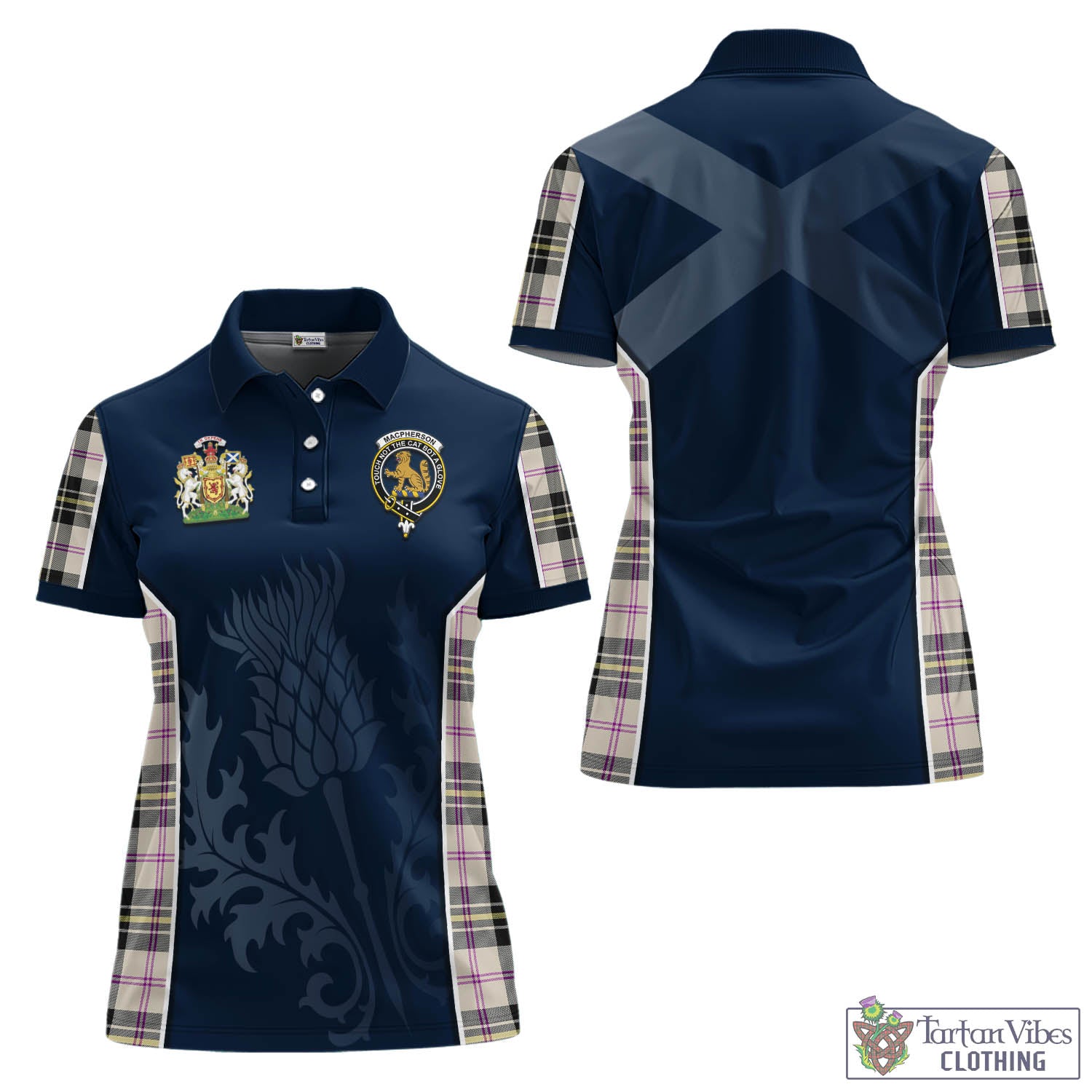 Tartan Vibes Clothing MacPherson Dress Ancient Tartan Women's Polo Shirt with Family Crest and Scottish Thistle Vibes Sport Style