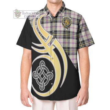 MacPherson Dress Ancient Tartan Short Sleeve Button Shirt with Family Crest and Celtic Symbol Style