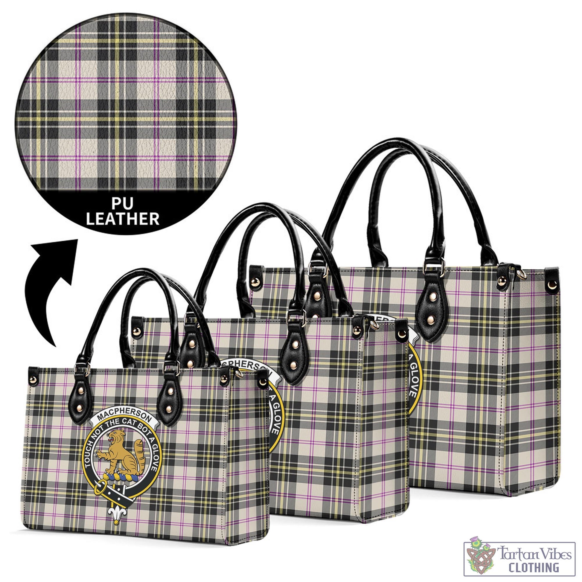 Tartan Vibes Clothing MacPherson Dress Ancient Tartan Luxury Leather Handbags with Family Crest