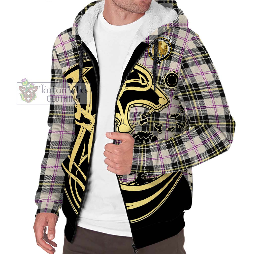 Tartan Vibes Clothing MacPherson Dress Ancient Tartan Sherpa Hoodie with Family Crest Celtic Wolf Style